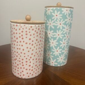 Set of Two Decorative Ceramic Canisters - Coral Dot & Aqua Daisy